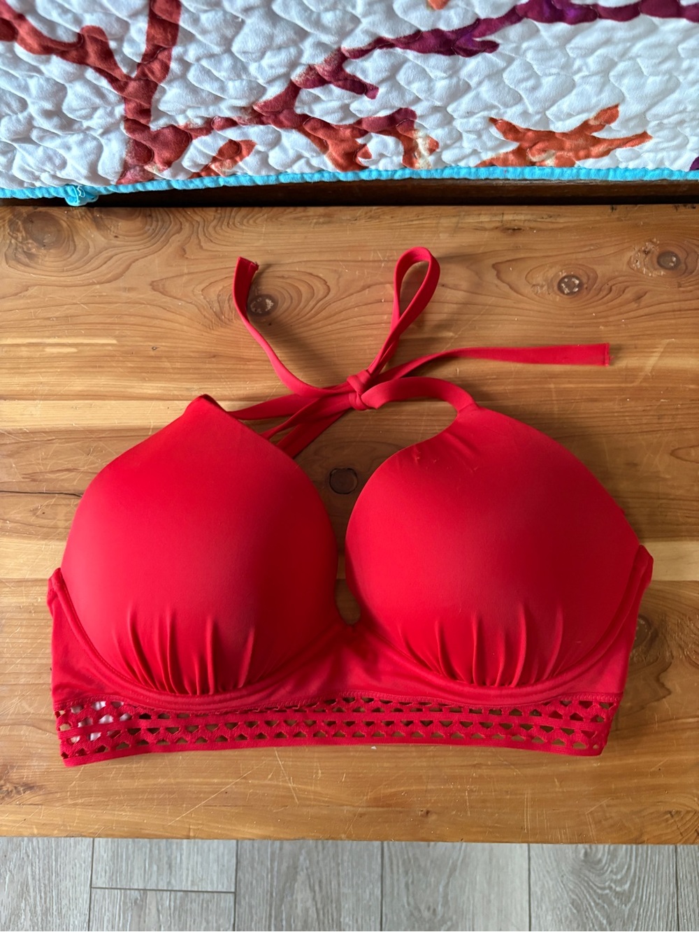 Shade & Shore Bright Red Halter Bikini Top with Underwire and Crochet Band